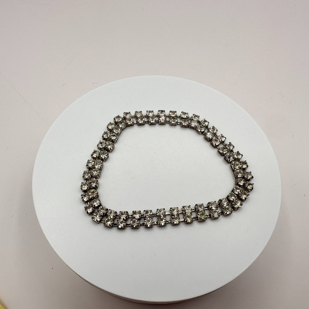 Vintage 90s Double Row Clear Glass Tennis Bracelet Silver Tone Deco Boho